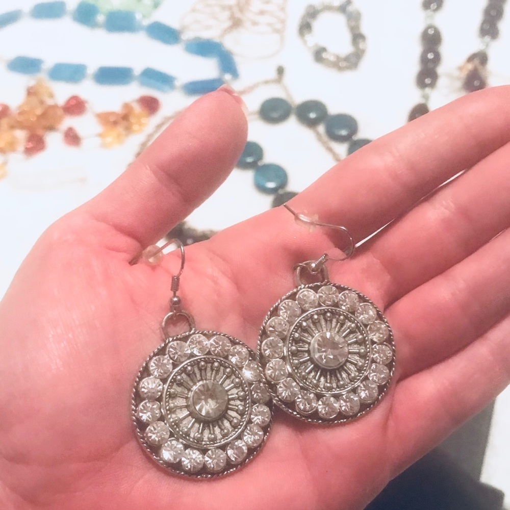 Large Silver Disc Crystal Dangle Earrings - image 8